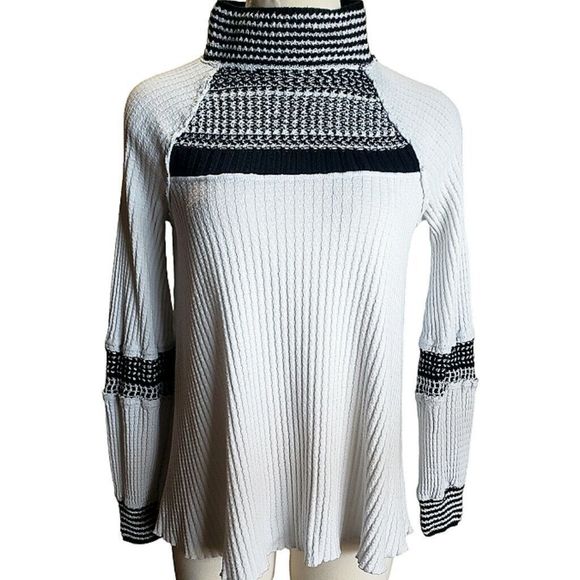 Free People Tops - Free People Black White Snow Day Mock Turtle Neck Top Waffle Knit Tunic Sz TP XS